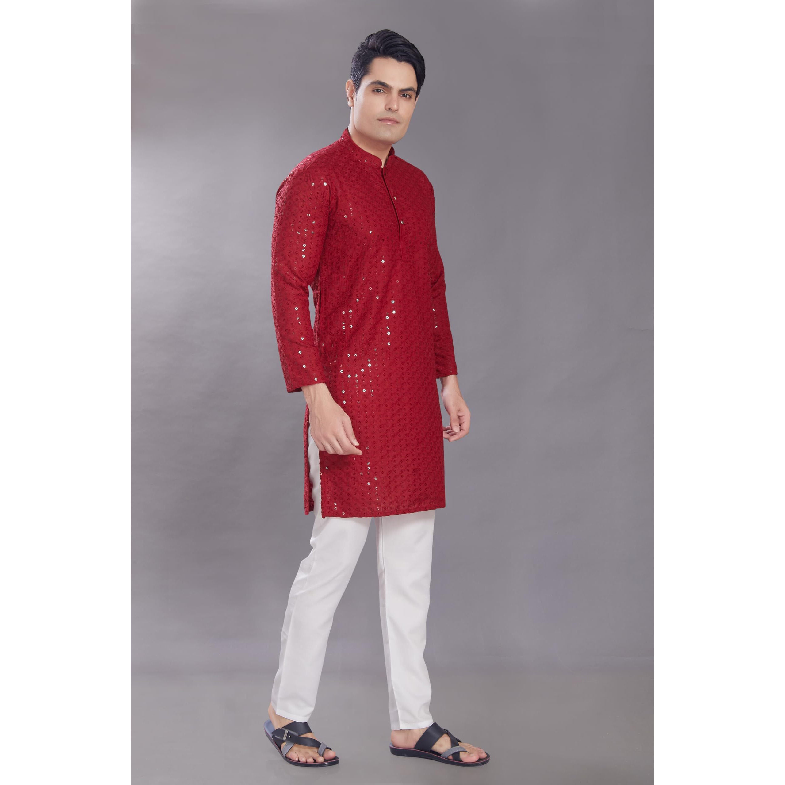 Divisive Men's Sequince Embroidered Cotton Blend Only Slim Fit Kurta (Dkrt572_M_Maroon)