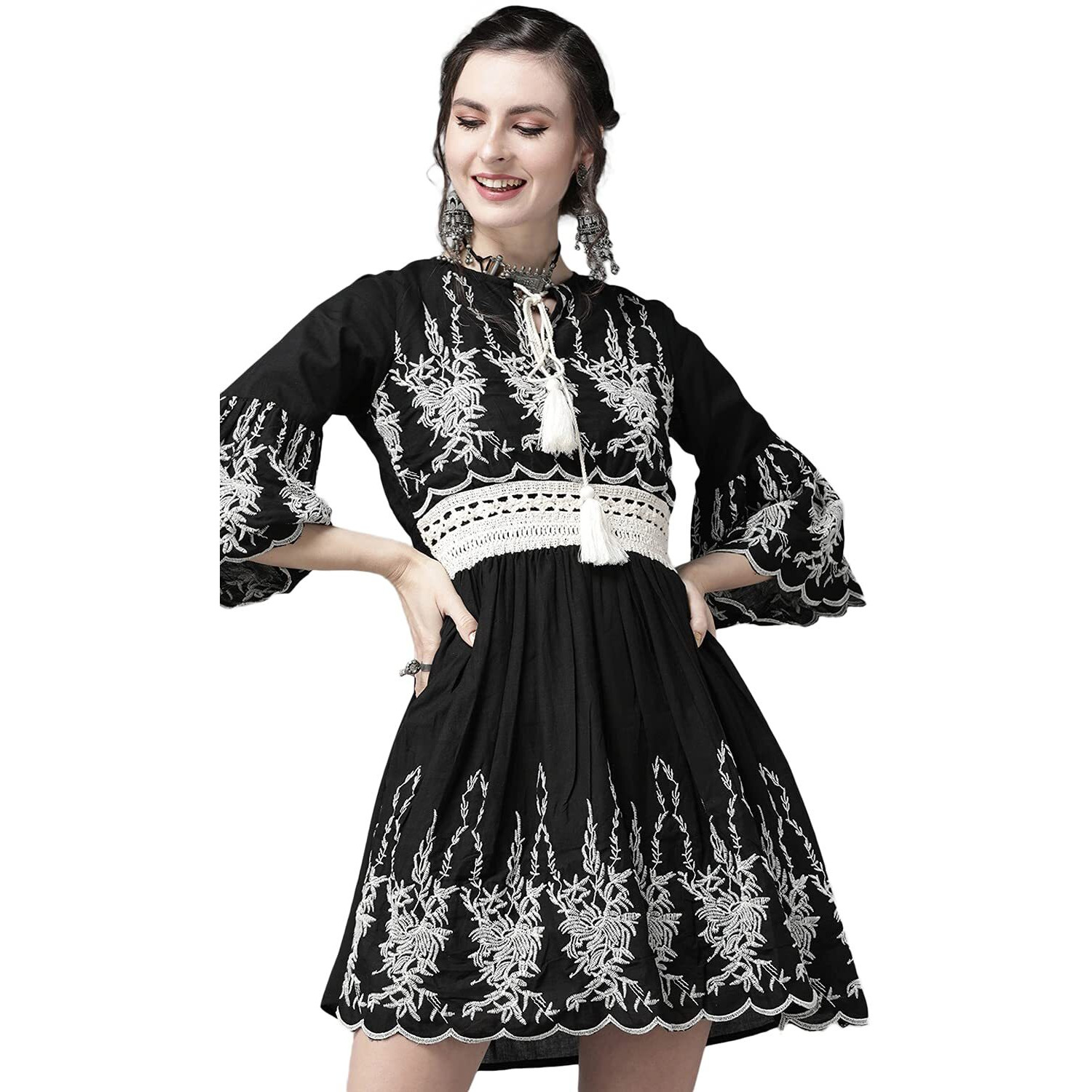 Ishin Women's Cotton Above Knee Length Embroidered A-Line Indo Western Dress Topknm-12048_M_Black