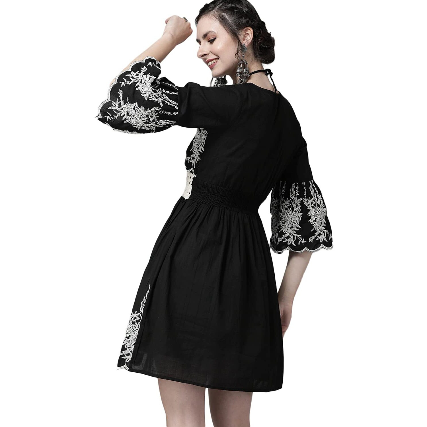 Ishin Women's Cotton Above Knee Length Embroidered A-Line Indo Western Dress Topknm-12048_M_Black