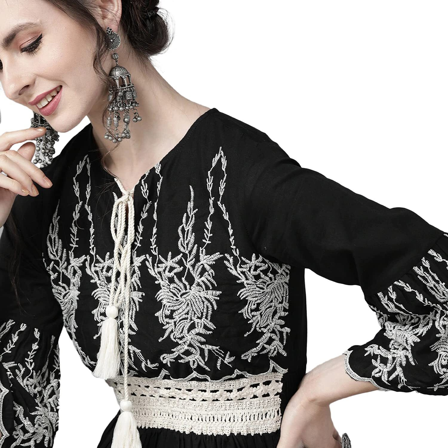 Ishin Women's Cotton Above Knee Length Embroidered A-Line Indo Western Dress Topknm-12048_M_Black