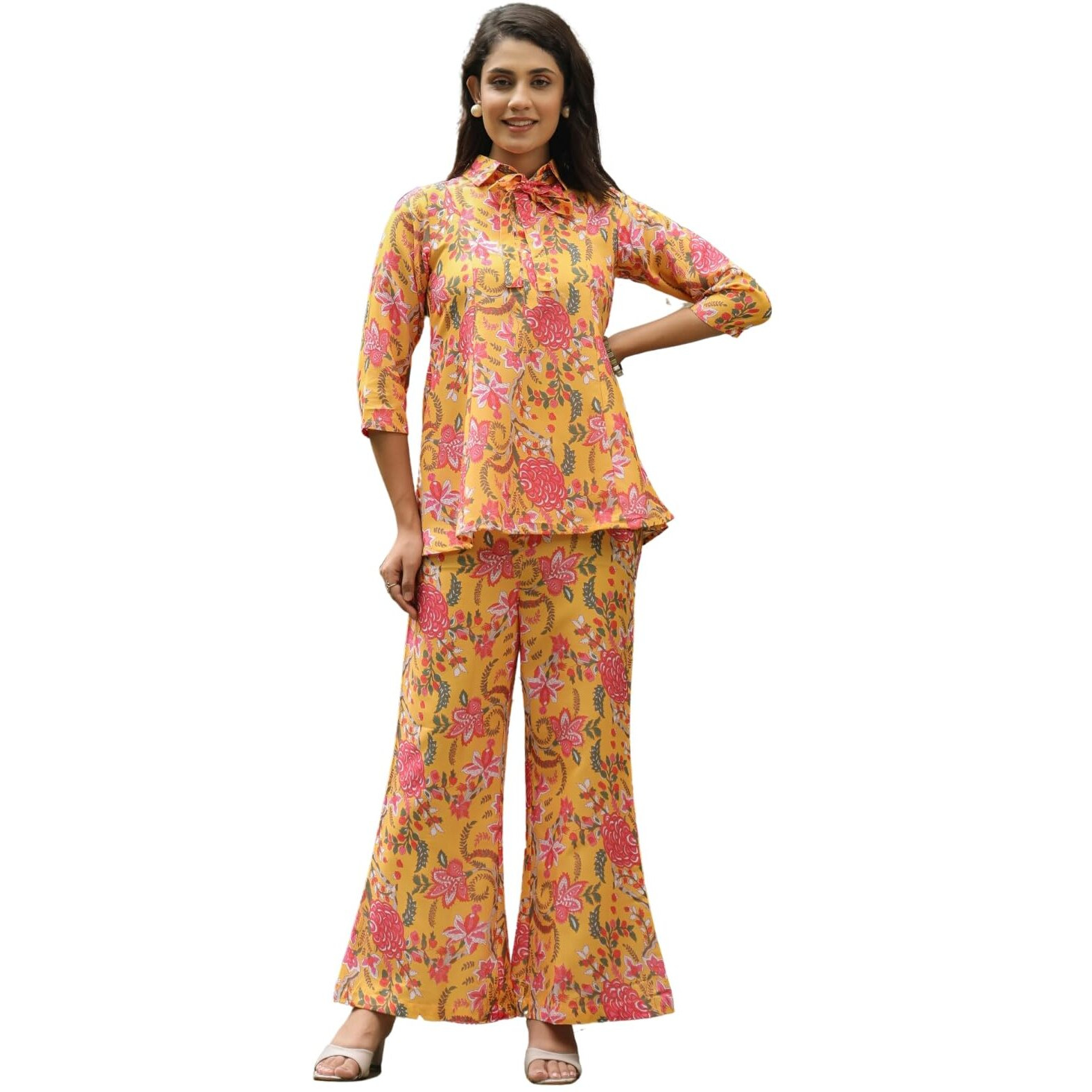 Leriya Fashion Rayon Printed Regular Stylish Ethnic Co Ord Designer Kurta Set For Women (Lf-W2146&Tr1113_Yellow_ErrorRef)
