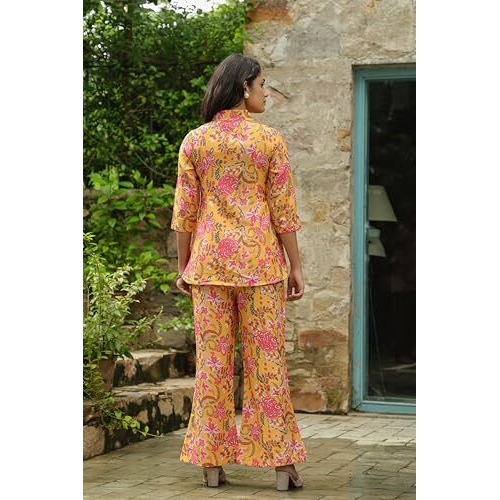 Leriya Fashion Rayon Printed Regular Stylish Ethnic Co Ord Designer Kurta Set For Women (Lf-W2146&Tr1113_Yellow_ErrorRef)