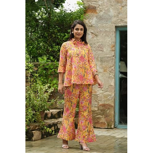Leriya Fashion Rayon Printed Regular Stylish Ethnic Co Ord Designer Kurta Set For Women (Lf-W2146&Tr1113_Yellow_ErrorRef)