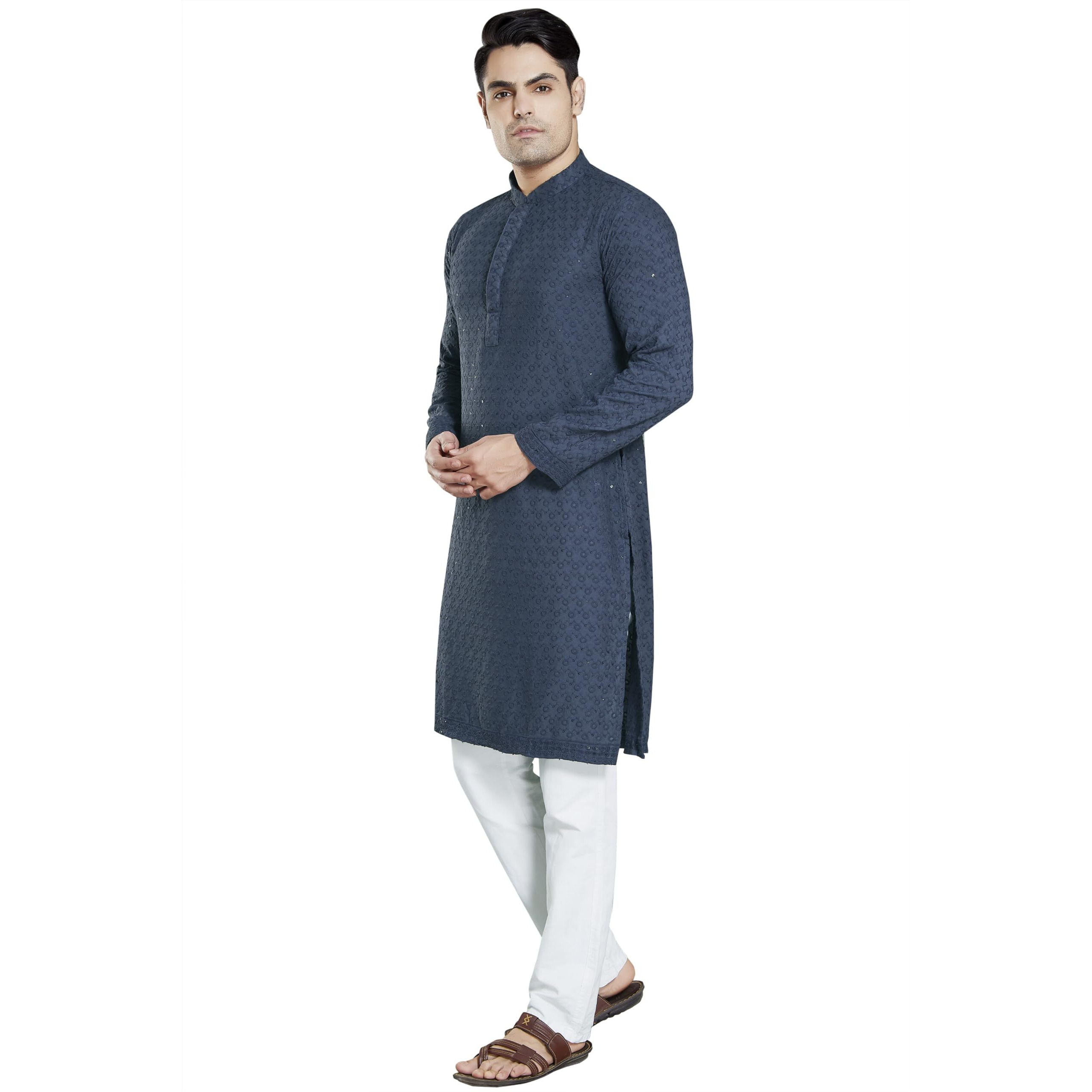 Divisive Men's Sequince Embroidered Cotton Blend Slim Fit Kurta Pyjama Set (Dkrt33_Xxxl_Dark Grey)