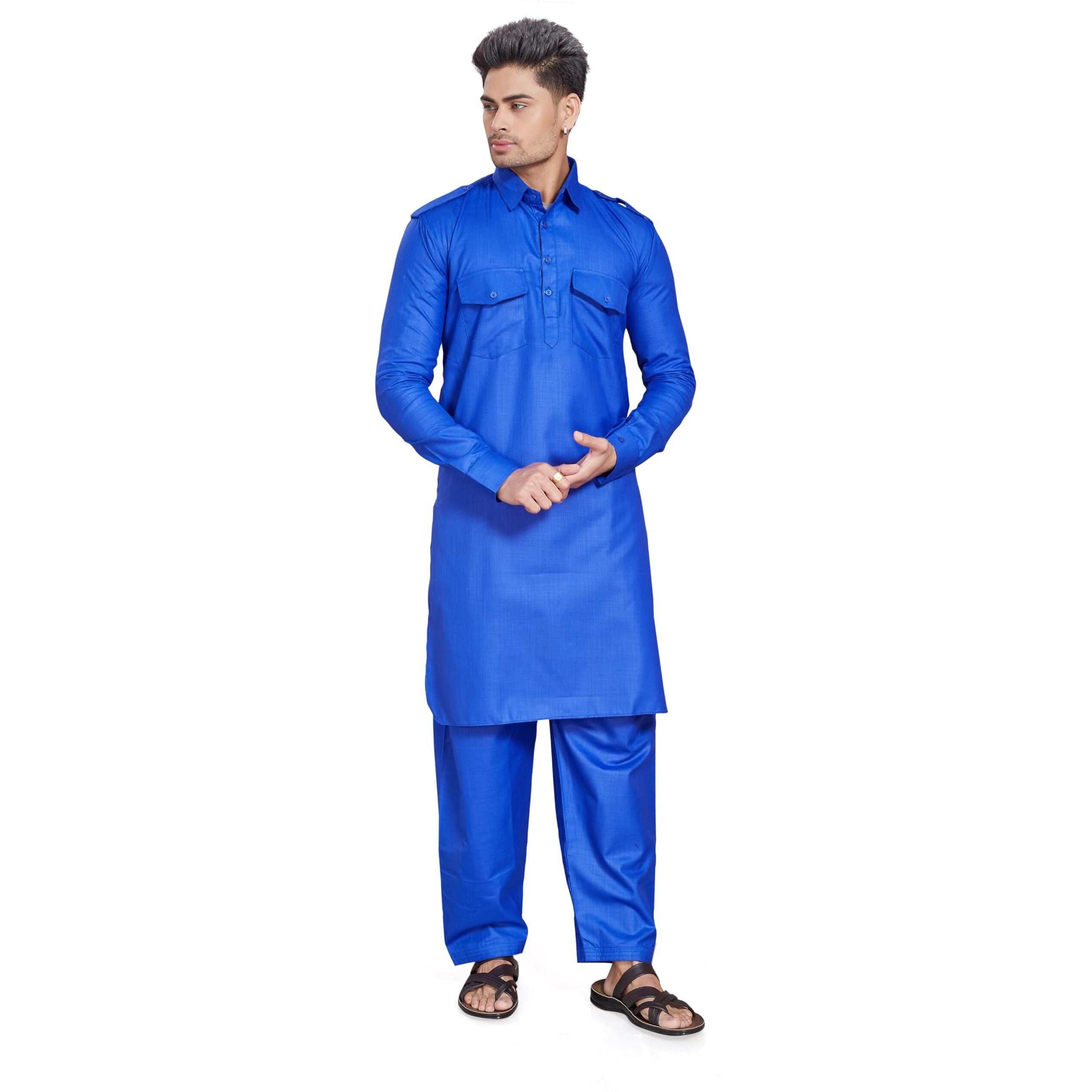 Divisive Men's Cotton Blend Pathani Kurta Pyjama Set (Dkrt459_Xl_R Blue)