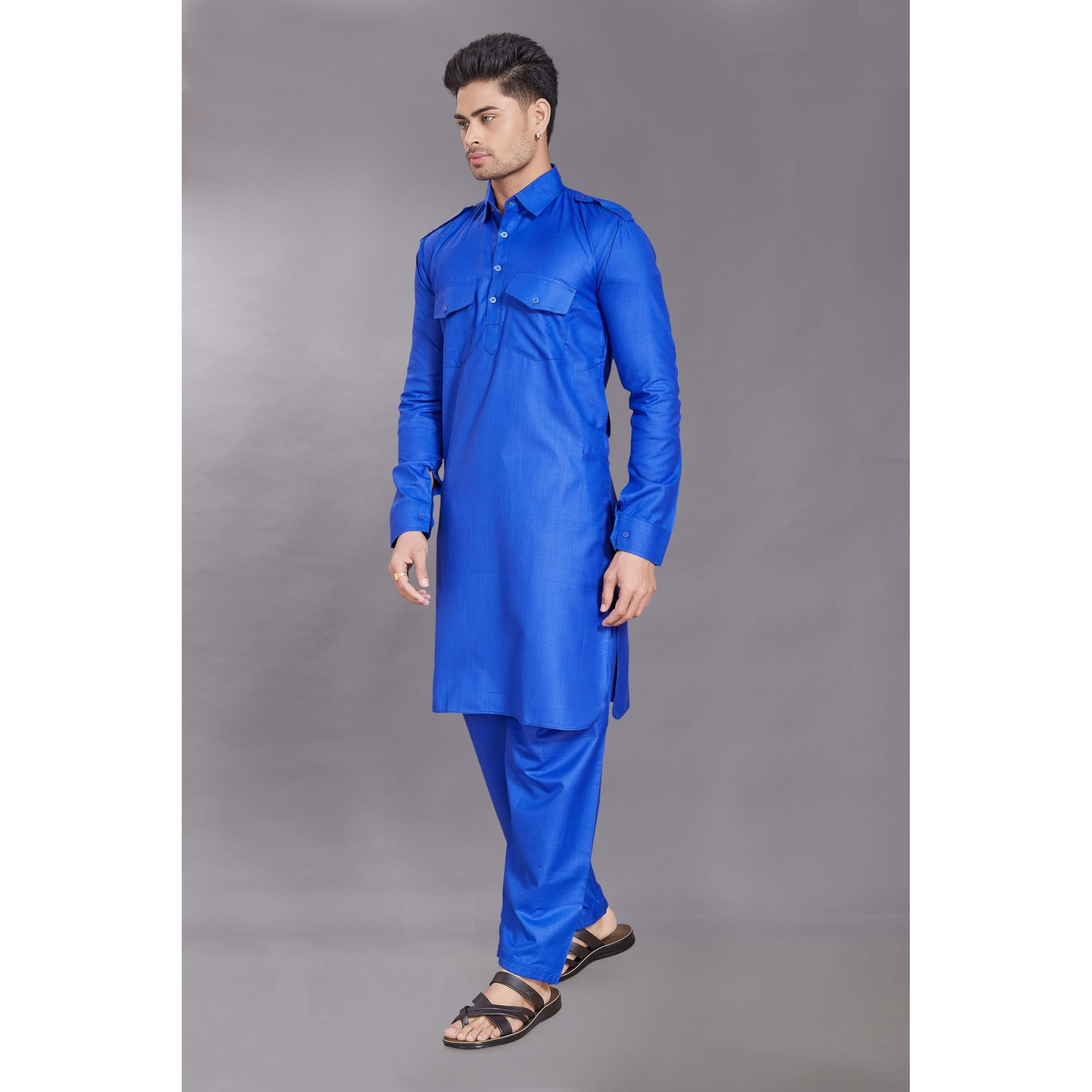Divisive Men's Cotton Blend Pathani Kurta Pyjama Set (Dkrt459_Xl_R Blue)