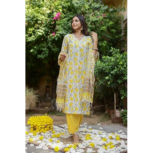 Lookmark Kurta Set Fashion That Echoes Tradition Make A Style Statement With Our Cotton Blend Kurti Pant Dupatta Sets Yellow