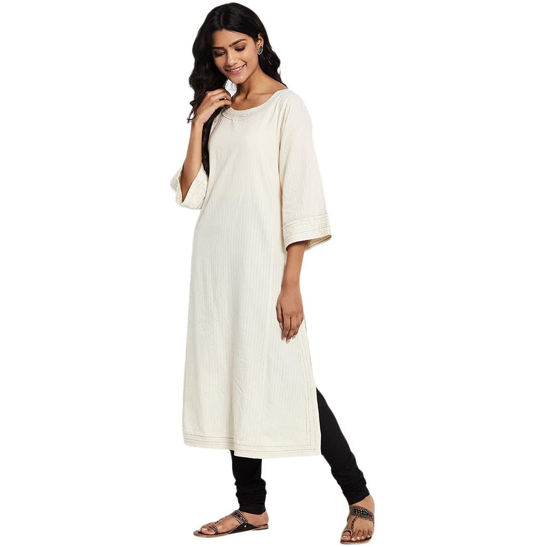 Fabindia Women Woven Slim Fit Long Kurta Cotton_S White