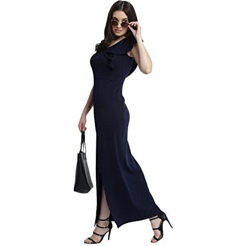 Miss Chase Women's Designer Navy Blue Solid Slitted One Shoulder Ruffled Maxi Dress With Zip Closure (Mcaw17D10-37-71-03, Navy Blue, Small)