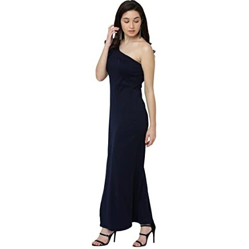 Miss Chase Women's Designer Navy Blue Solid Slitted One Shoulder Ruffled Maxi Dress With Zip Closure (Mcaw17D10-37-71-03, Navy Blue, Small)