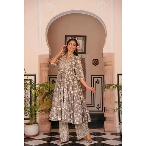 Fabnex Women Cotton Floral Regular Kurta Set (K-80-Brown-Xl_Brown