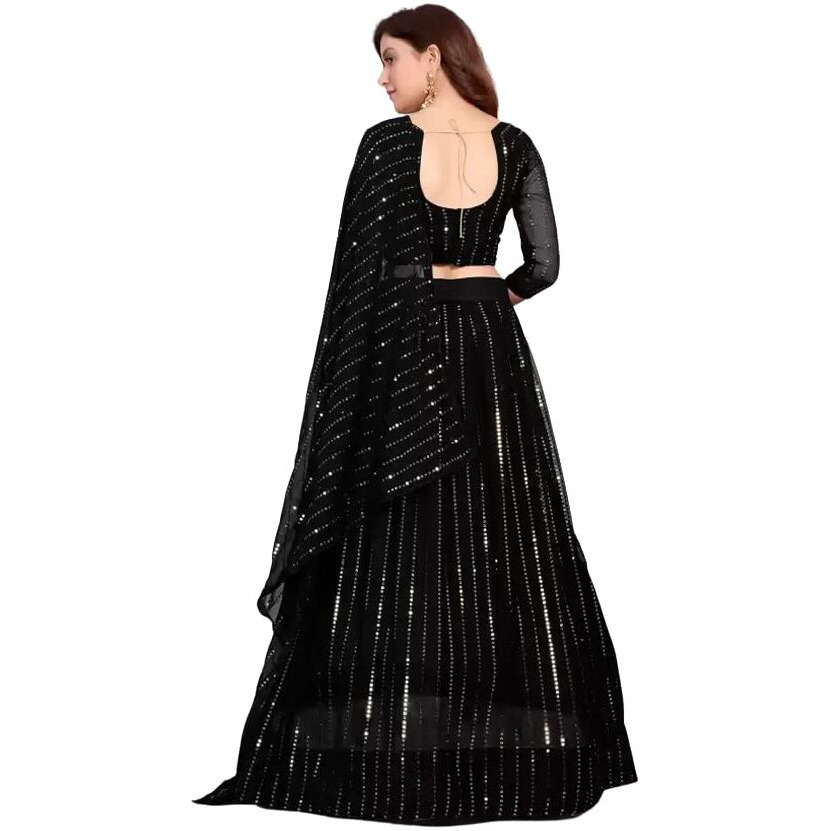 Fashion Basket Women's Black Color Embroidery Sequence Work Semi Stitched Lehenga Choli