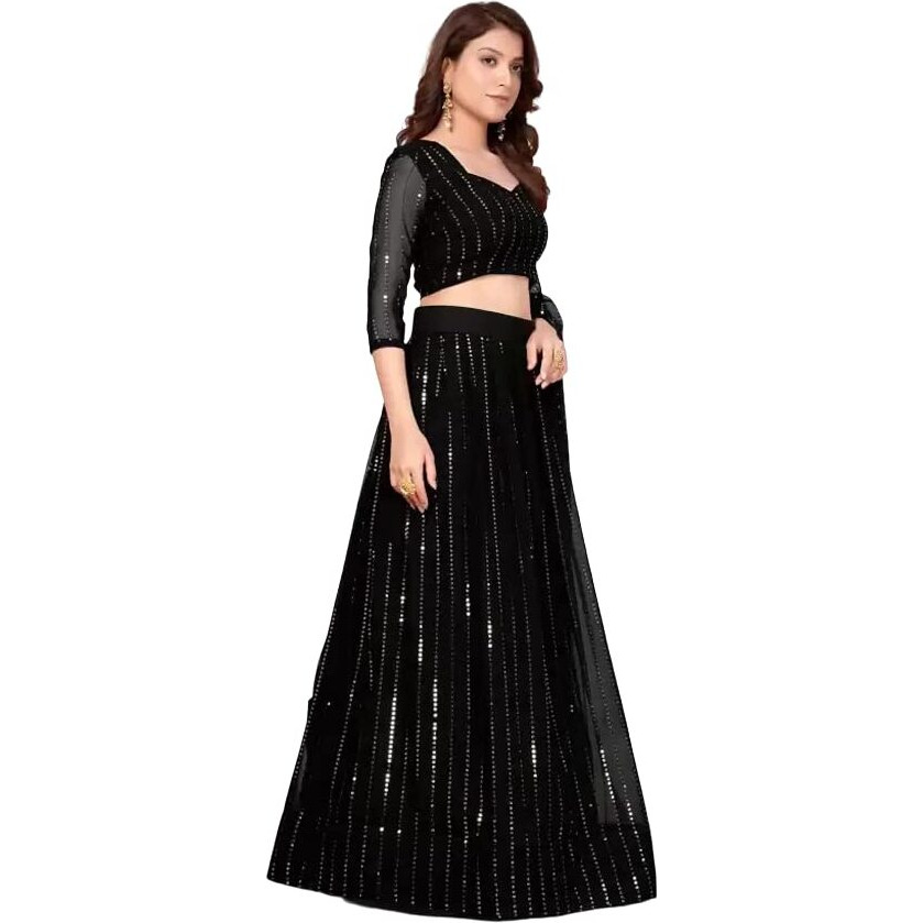 Fashion Basket Women's Black Color Embroidery Sequence Work Semi Stitched Lehenga Choli