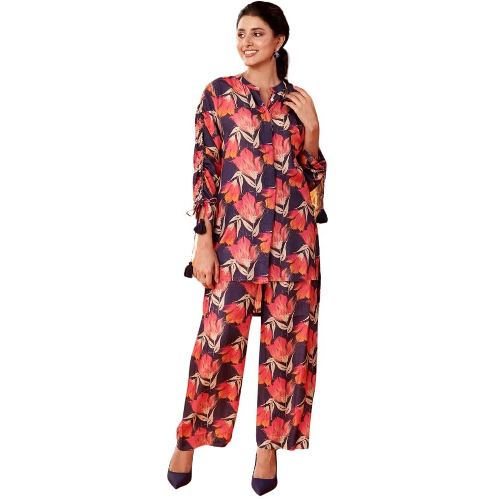 Nainvish Women's Blue & Rose Red Floral Printed Straight Cotton Blend V-Neck Co-Ord Set (Sd668_Kb-S)