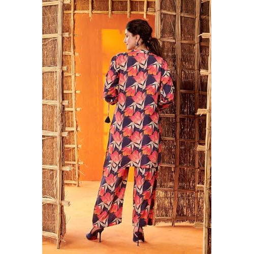 Nainvish Women's Blue & Rose Red Floral Printed Straight Cotton Blend V-Neck Co-Ord Set (Sd668_Kb-S)