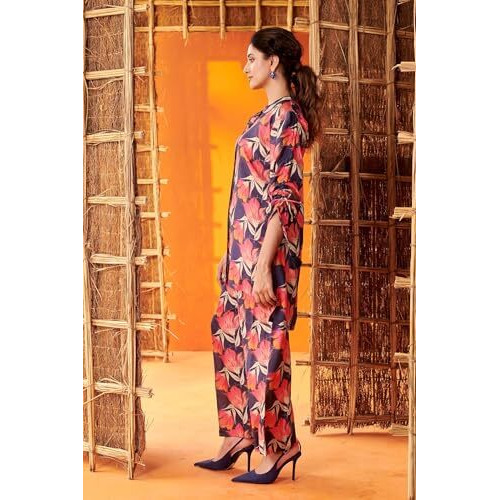 Nainvish Women's Blue & Rose Red Floral Printed Straight Cotton Blend V-Neck Co-Ord Set (Sd668_Kb-S)