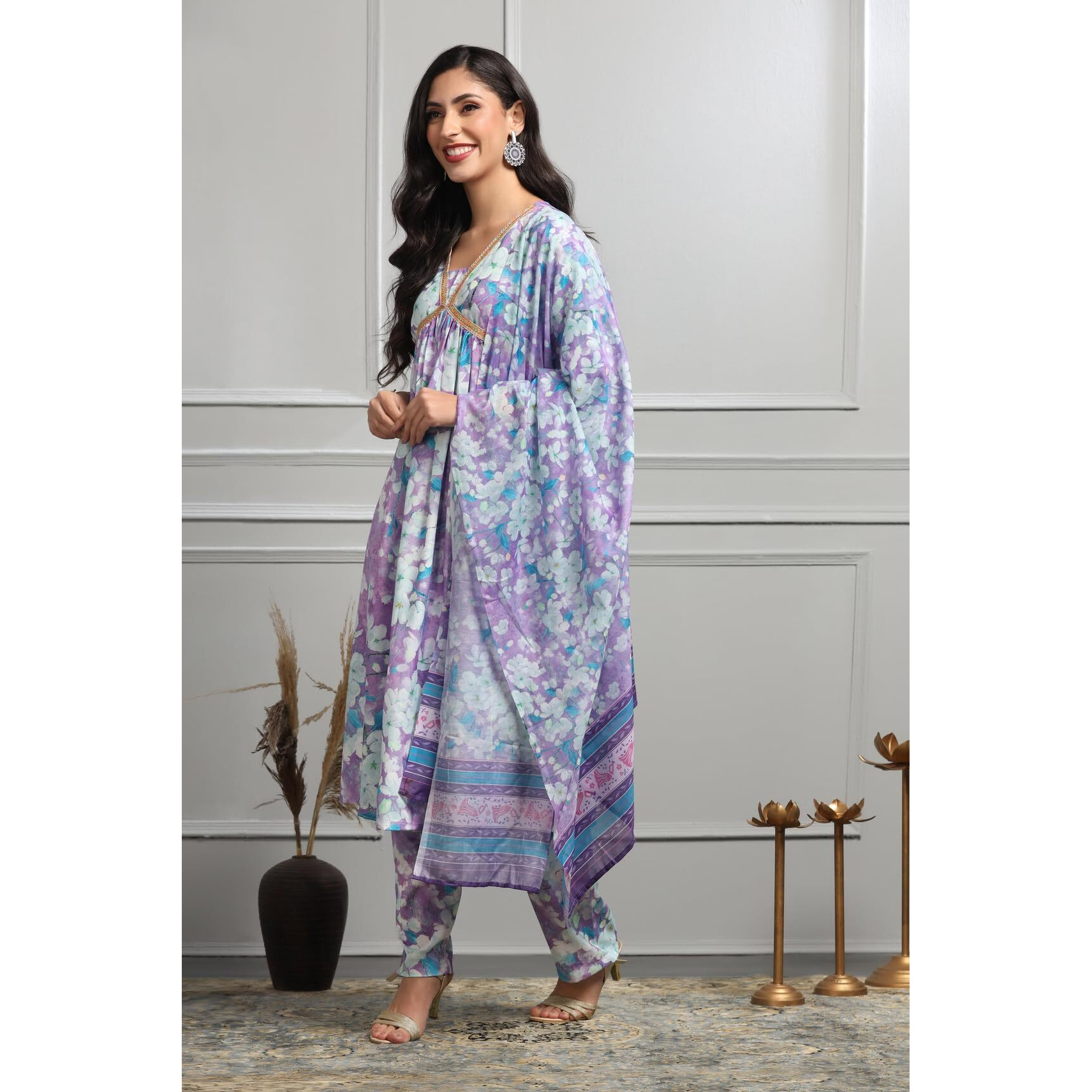 Leriya Fashion Cotton Alia Cut Kurta Set For Women| Alia Cut Anarkali Set For Women | Embroidery Kurta Set For Women| Kurta & Pant Set For Women. (X-Large, Purple),Blue