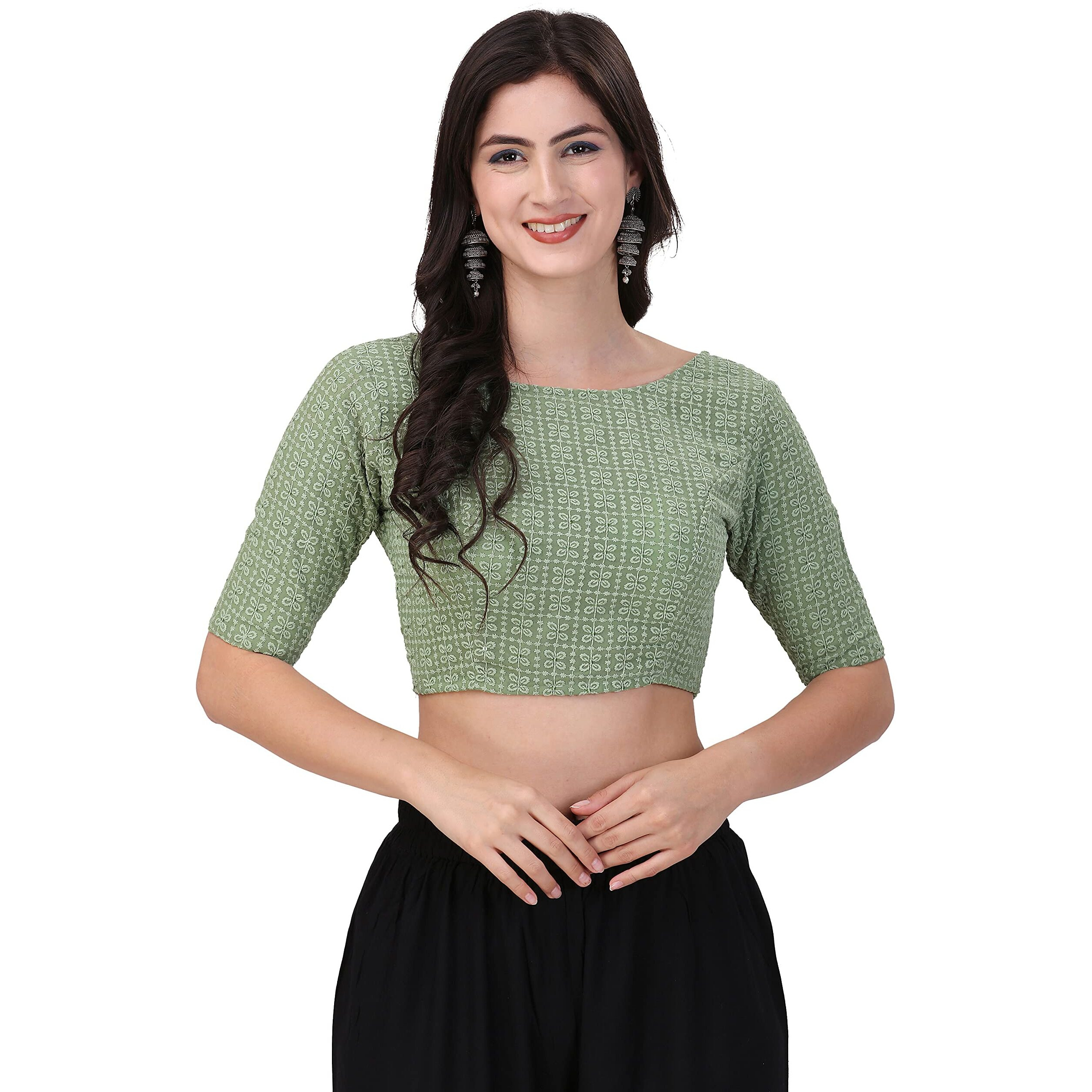 Oomph Traditional Cotton Schiffli Fabric Blouse For Women |Elbow Length Sleeves | Wedding & Festival Wear | Comfortable & Trendy Ethnic Wear | Readymade Blouse For Saree & Lehenga