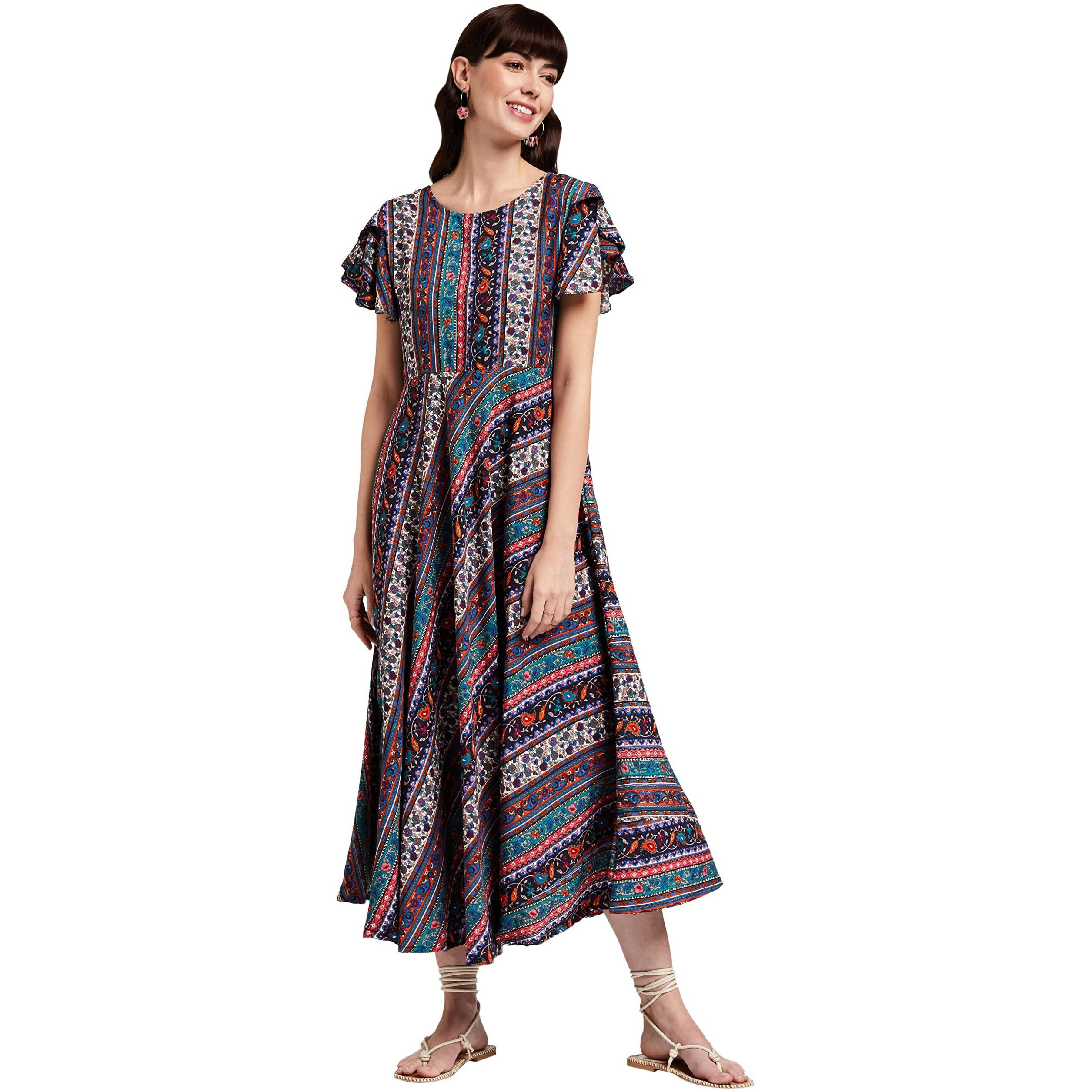 Oomph Dress For Women Stylish | One Piece For Women Long | Trendy Long One Piece Summer Outfit | Lightweight Flared Maxi Dress For Casual & Holiday Wear Multicolour