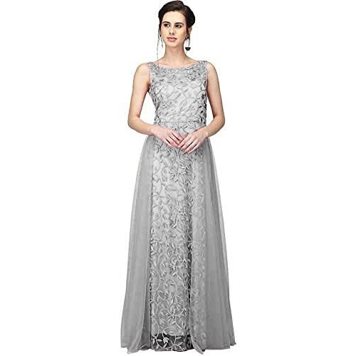 Patlani Women's Net Fit And Flare Knee Length Dress (All Over-New_Grey_Xl