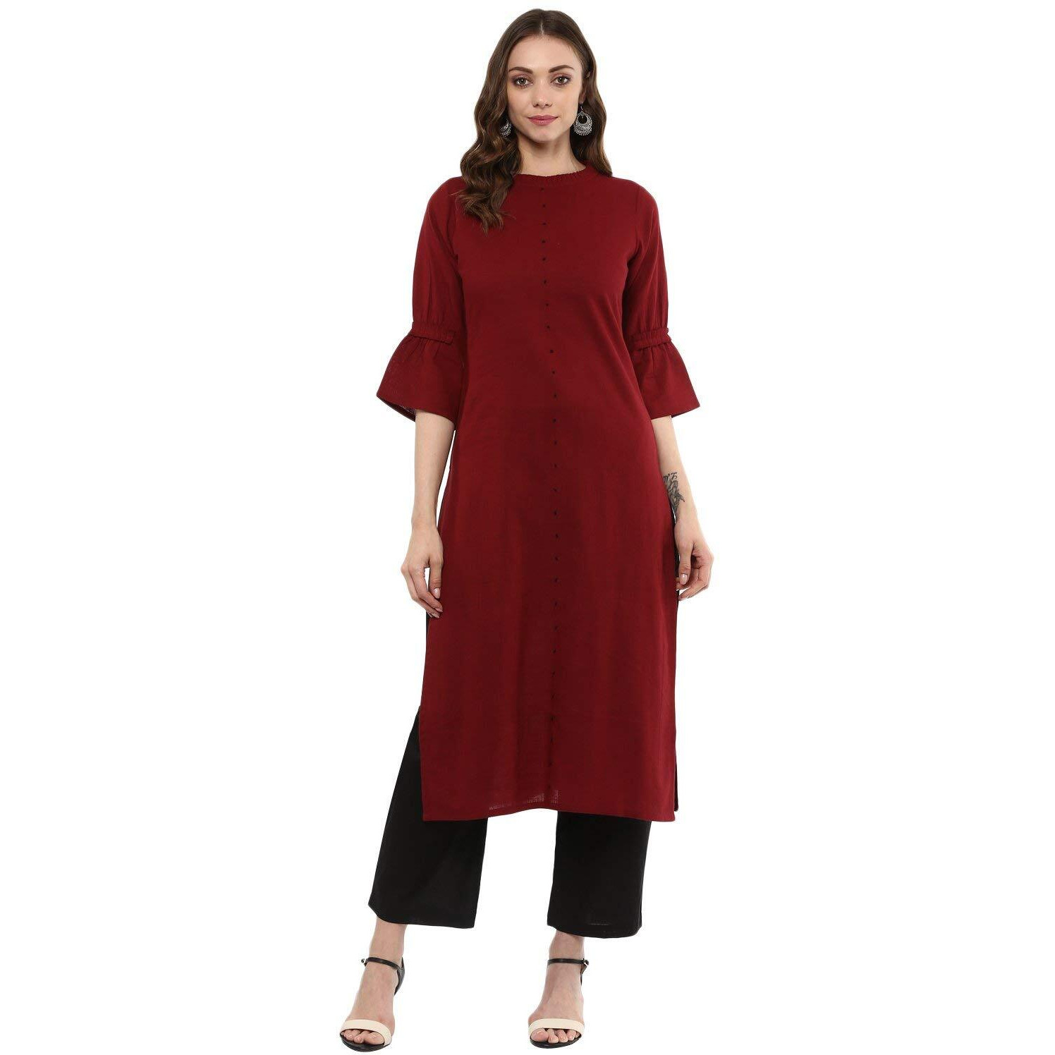 Idalia Maroon Straight 3/4 Sleeve Cotton Kurta For Women