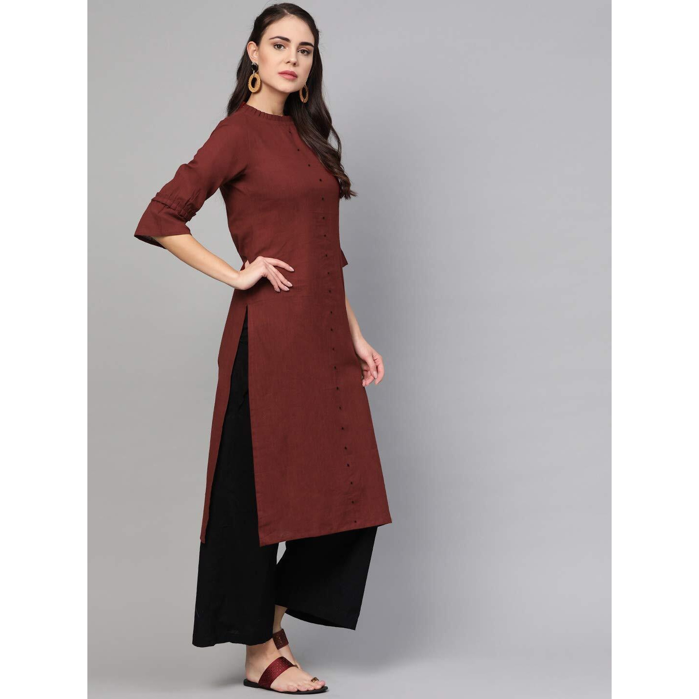Idalia Maroon Straight 3/4 Sleeve Cotton Kurta For Women