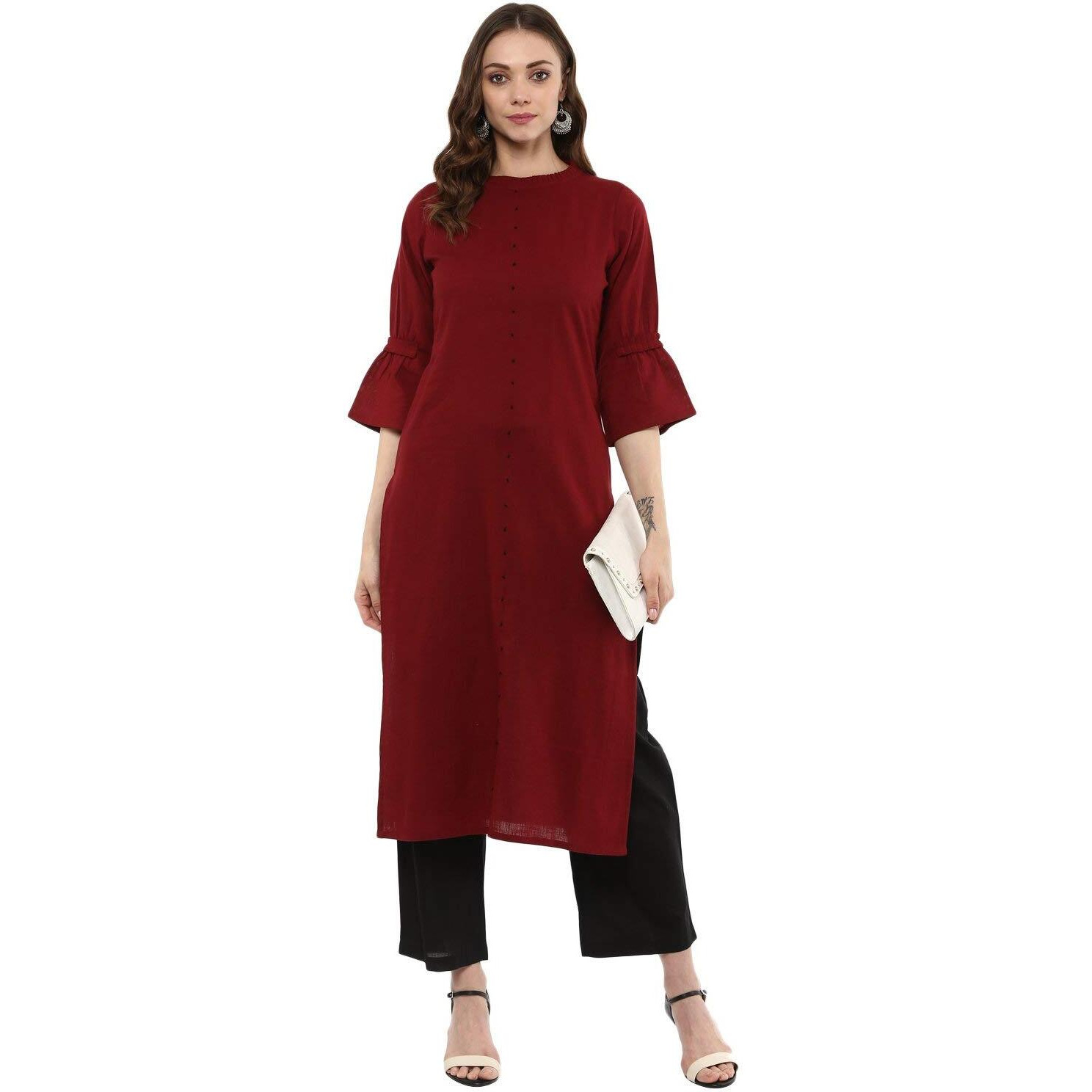 Idalia Maroon Straight 3/4 Sleeve Cotton Kurta For Women