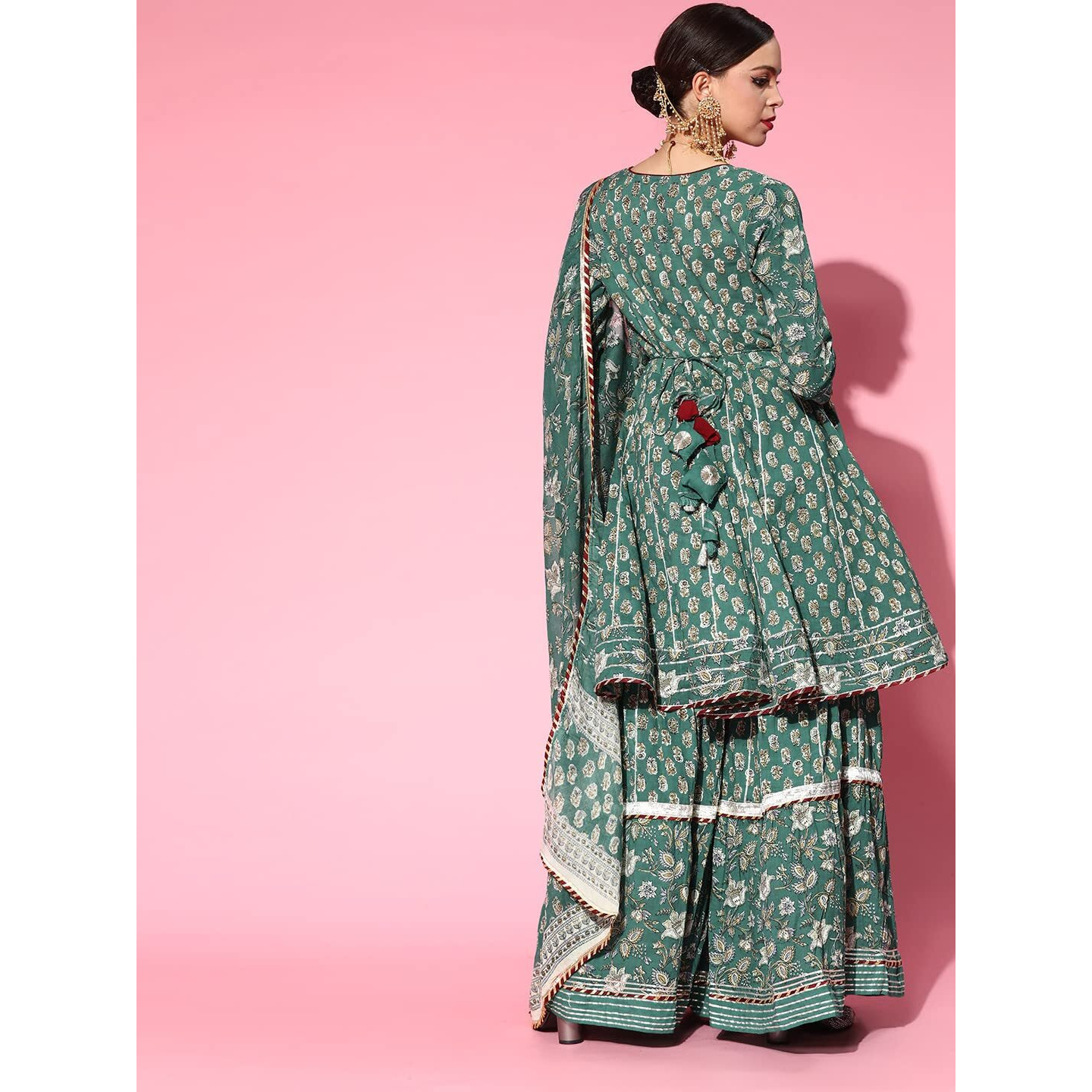 Ishin Women's Cotton Anarkali Embroidered Kurta Suit Set With Dupatta & Sharara Kpldpm-19075_M_Green