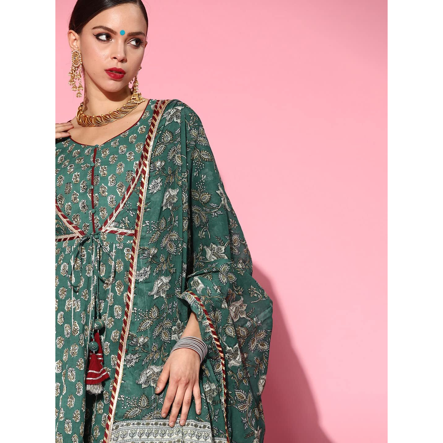 Ishin Women's Cotton Anarkali Embroidered Kurta Suit Set With Dupatta & Sharara Kpldpm-19075_M_Green