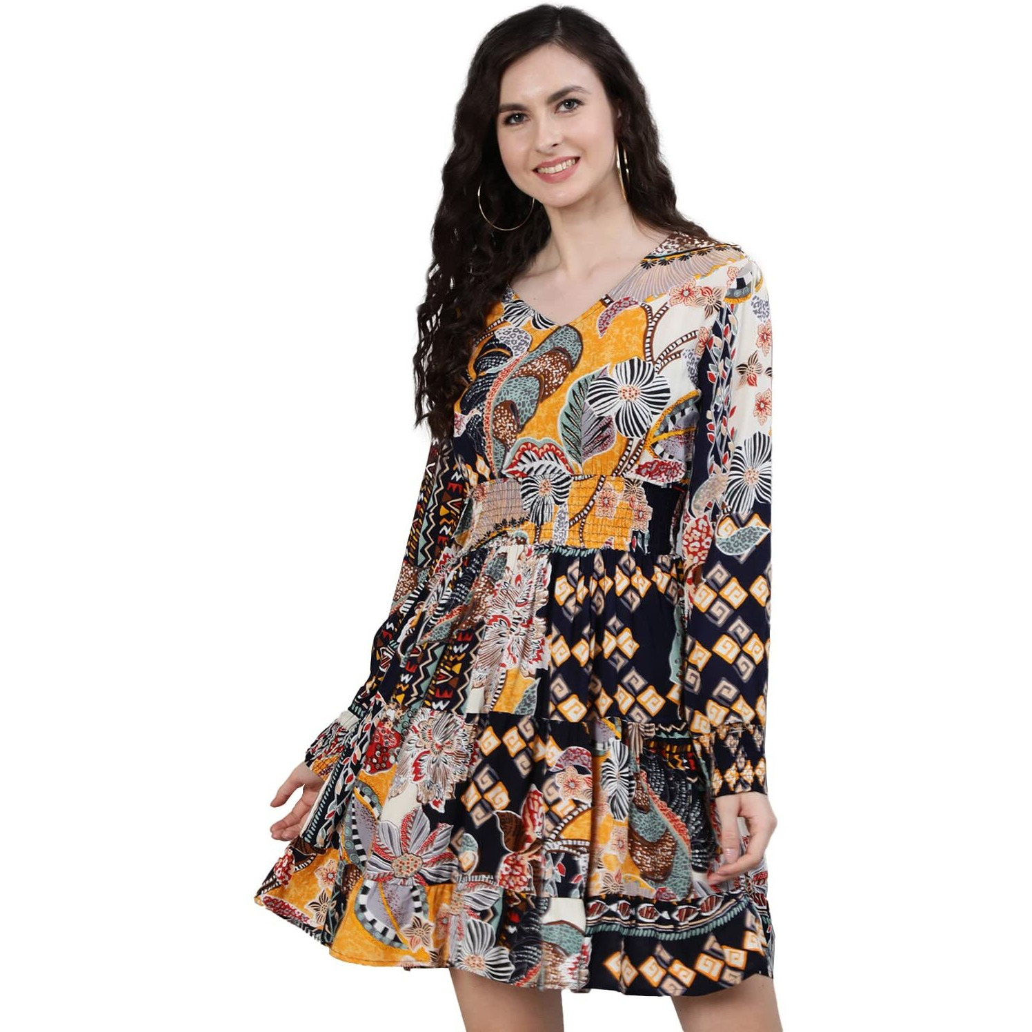 Ishin Women's Viscose Rayon Multi Coloured Floral Printed Dress