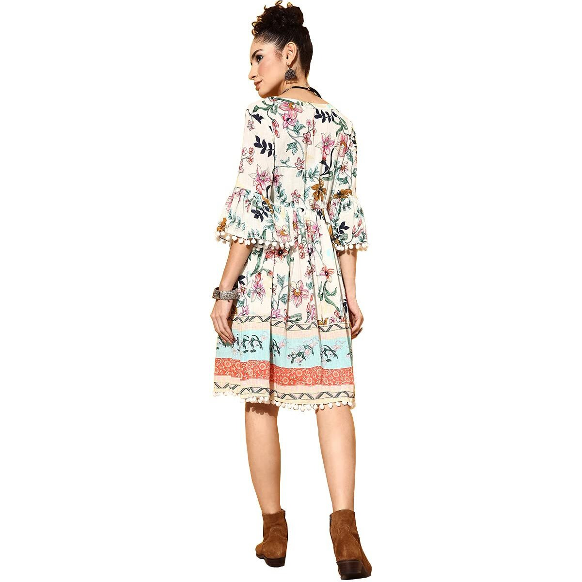 Ishin Women's Knee Length Cotton Printed Floral White Empire Dress Inwdr0241_Wh_Xs_White