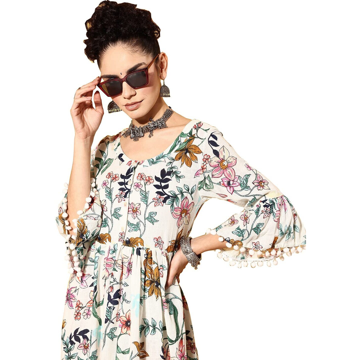 Ishin Women's Knee Length Cotton Printed Floral White Empire Dress Inwdr0241_Wh_Xs_White