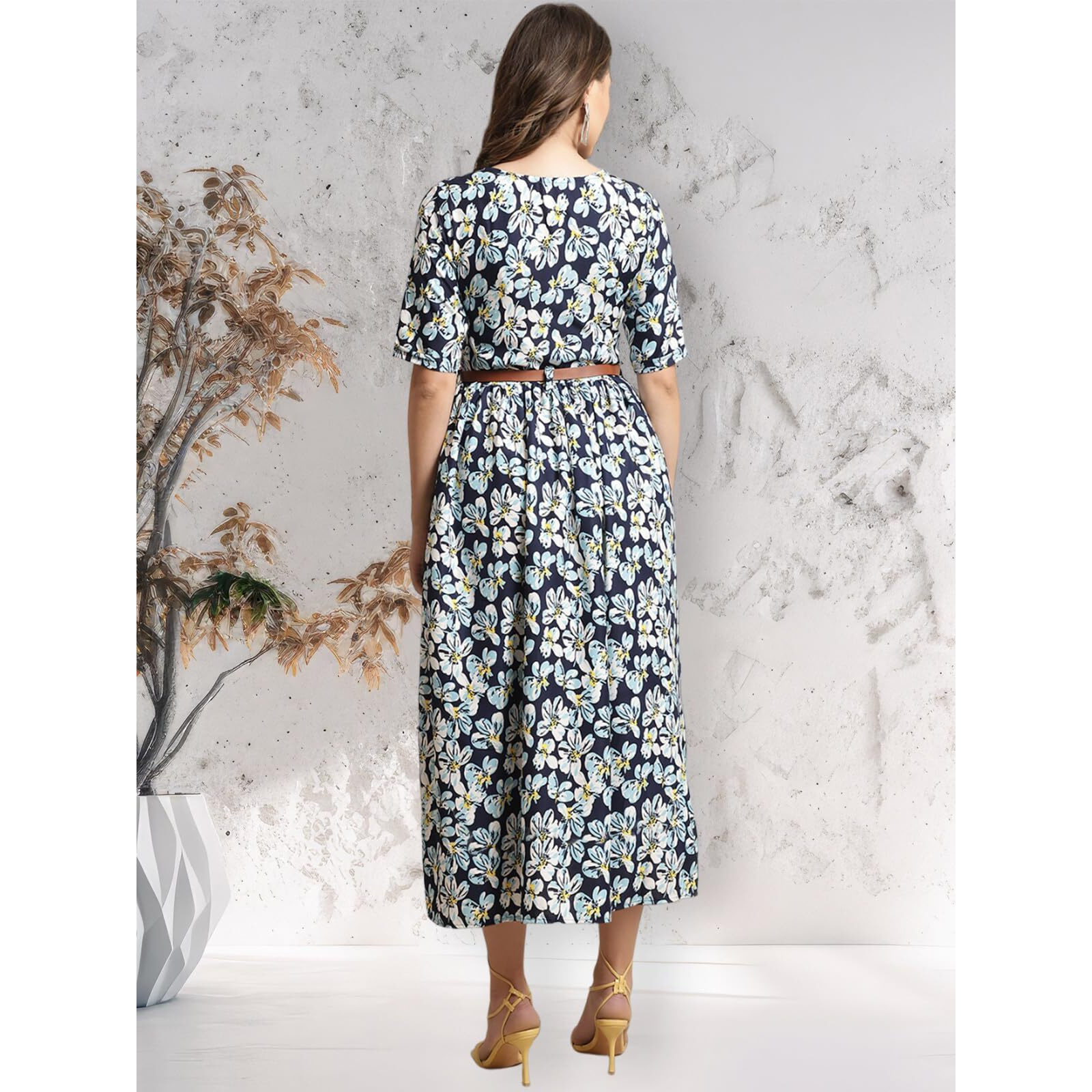Preneum Women's Black Fit And Flare Printed Maxi Dress With Belt_108 (2Xl)