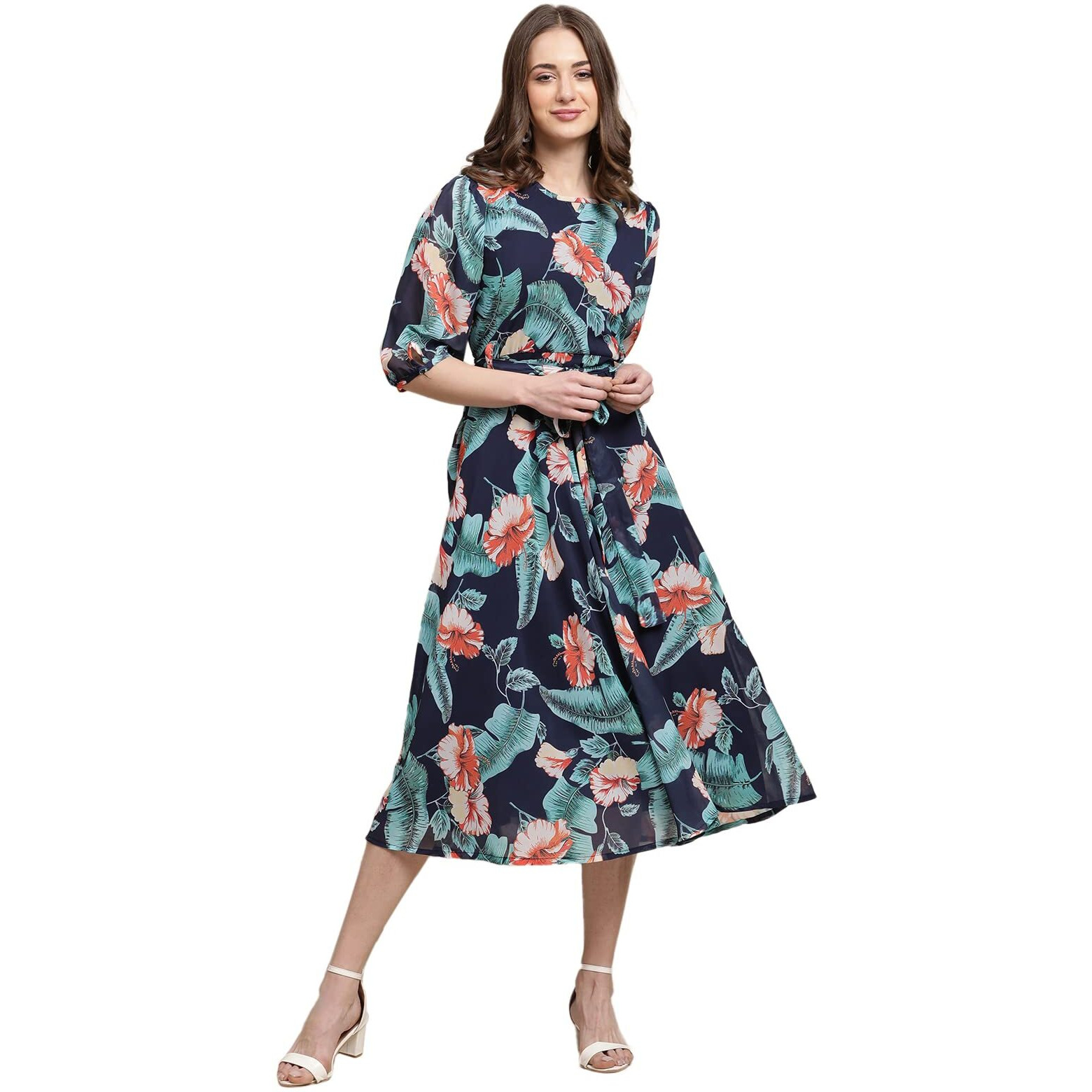 Preneum Women's Maxi Fit & Flare Latest Style Print Georgette Regular Sleeves Casual Summer Maxi Dress || Festival & Occasion, Navy Blue, 2Xl