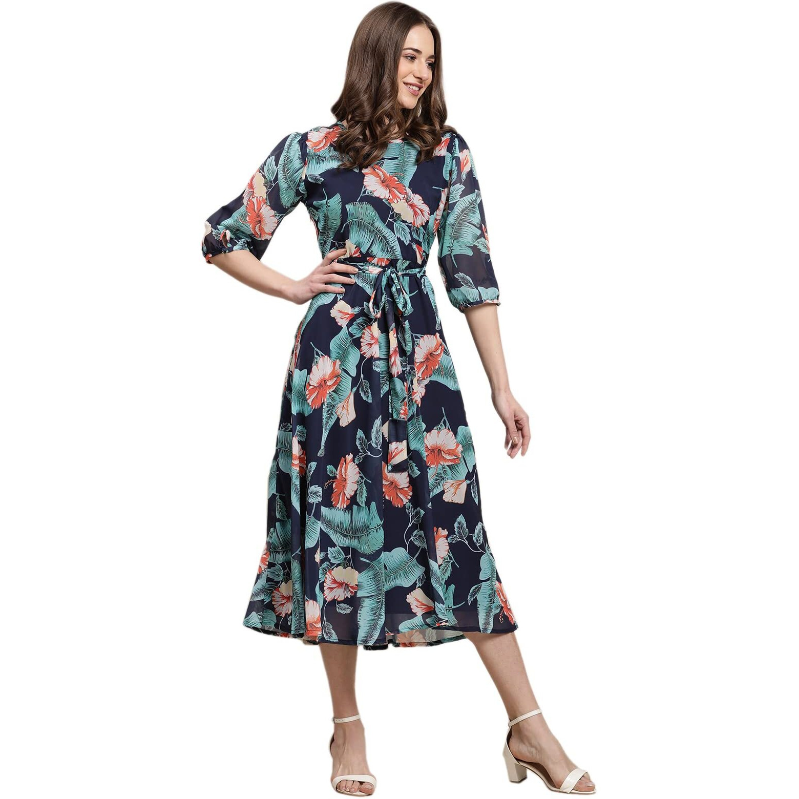 Preneum Women's Maxi Fit & Flare Latest Style Print Georgette Regular Sleeves Casual Summer Maxi Dress || Festival & Occasion, Navy Blue, 2Xl