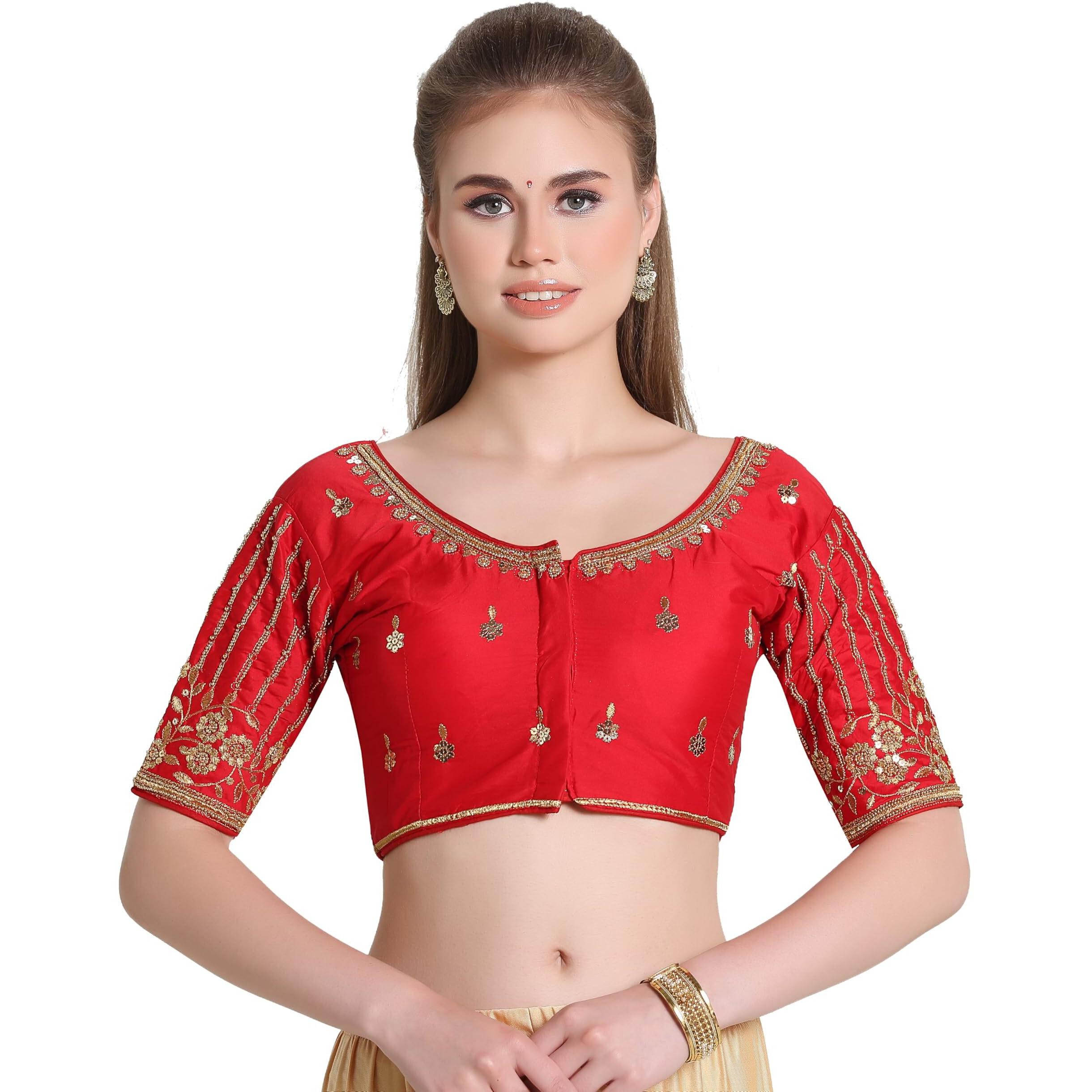 Pujia Mills Women's Readymade Bridal Embroidery Blouse Multi Coding Maggam Work Moti Work Indian Ethnic Designer Stitched Readymade Saree Half Sleeve Red Blouse For Women For Saree Lehenga Choli