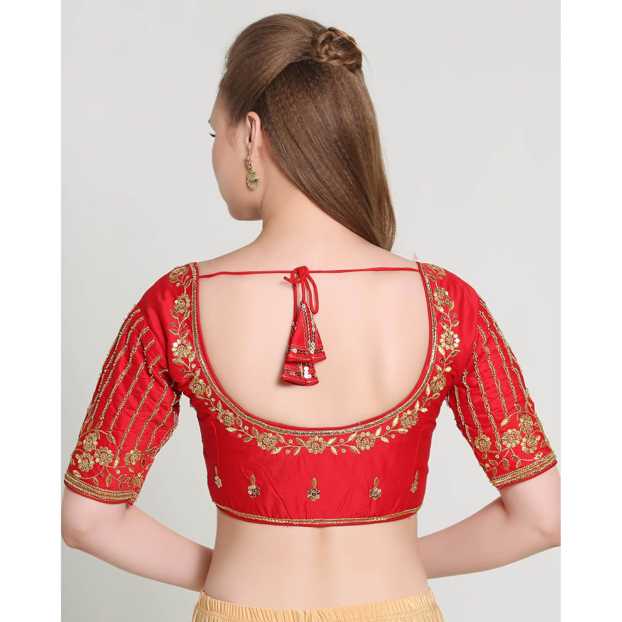 Pujia Mills Women's Readymade Bridal Embroidery Blouse Multi Coding Maggam Work Moti Work Indian Ethnic Designer Stitched Readymade Saree Half Sleeve Red Blouse For Women For Saree Lehenga Choli