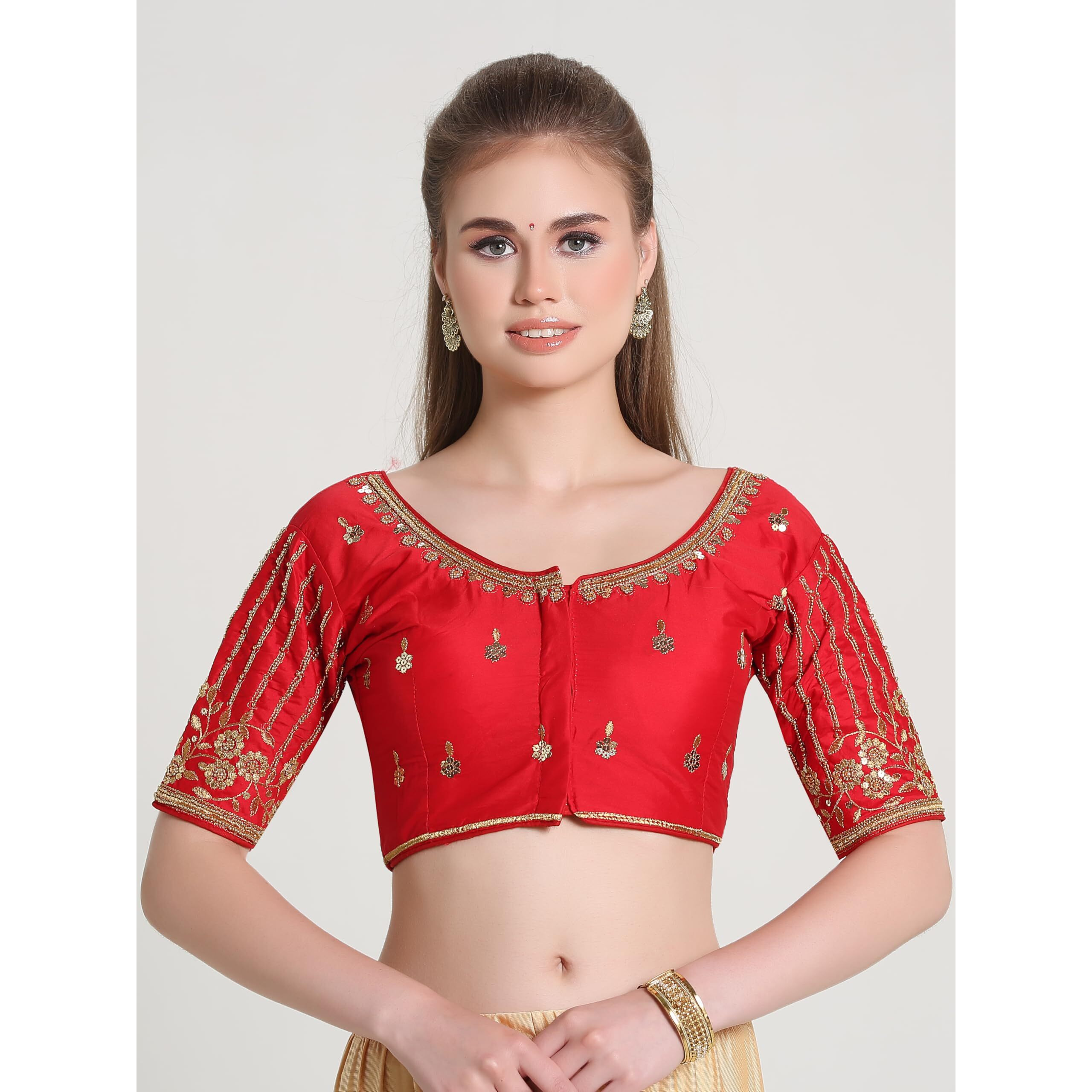 Pujia Mills Women's Readymade Bridal Embroidery Blouse Multi Coding Maggam Work Moti Work Indian Ethnic Designer Stitched Readymade Saree Half Sleeve Red Blouse For Women For Saree Lehenga Choli