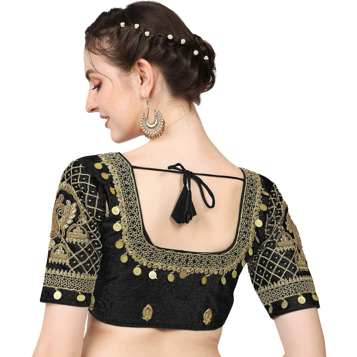 Pujia Mills Women's Silk Readymade Stylish Design Half Sleeve Maggam Designs Pattu Aari Work Blouse For Wedding (Black Color, 38)