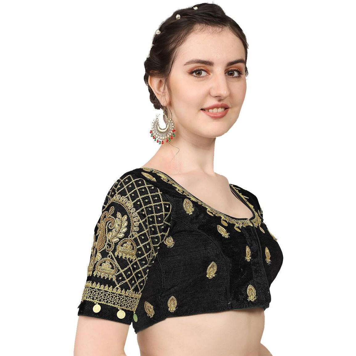 Pujia Mills Women's Silk Readymade Stylish Design Half Sleeve Maggam Designs Pattu Aari Work Blouse For Wedding (Black Color, 38)
