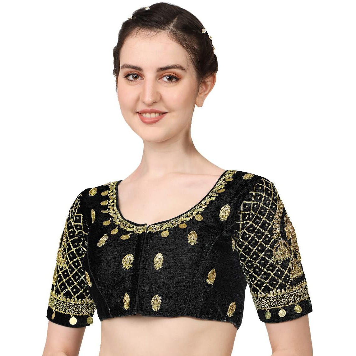 Pujia Mills Women's Silk Readymade Stylish Design Half Sleeve Maggam Designs Pattu Aari Work Blouse For Wedding (Black Color, 38)