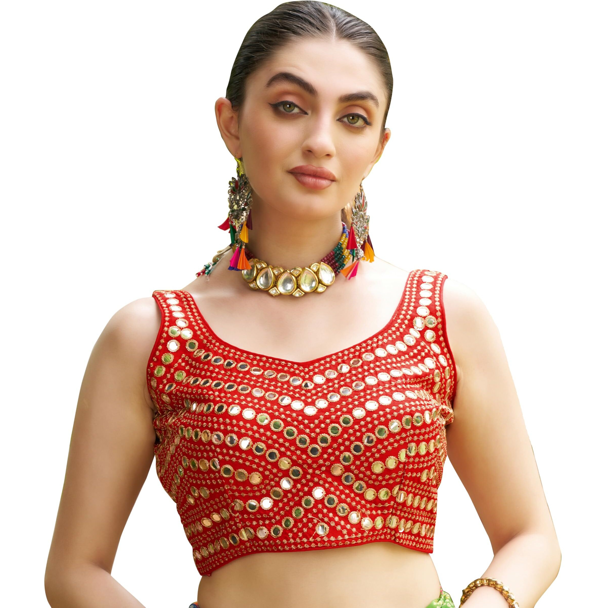 Pujia Mills Women's Embroidery Work Real Mirror Sleeveless Readymade Blouse Red Color (V-Mirror_Red_36)