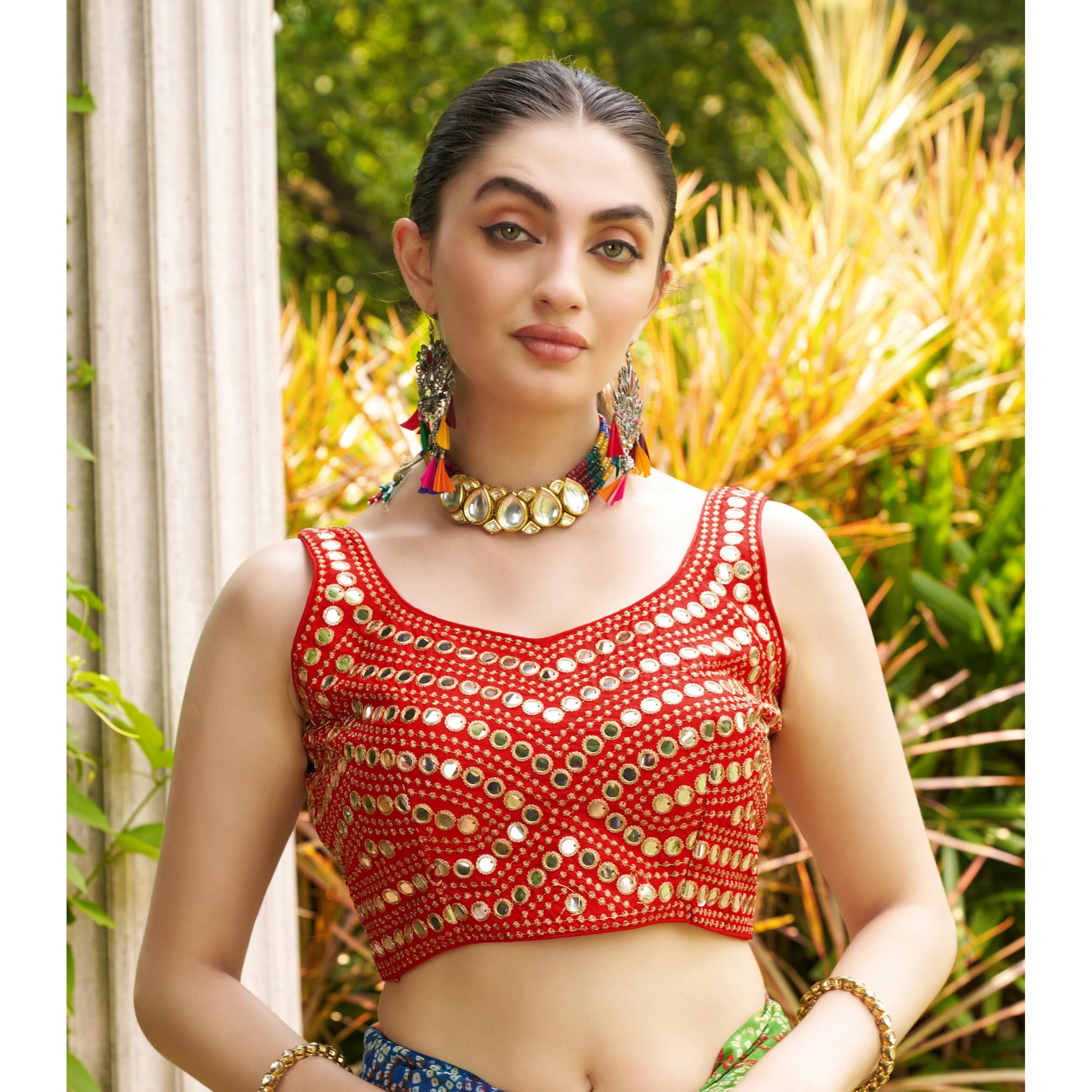 Pujia Mills Women's Embroidery Work Real Mirror Sleeveless Readymade Blouse Red Color (V-Mirror_Red_36)