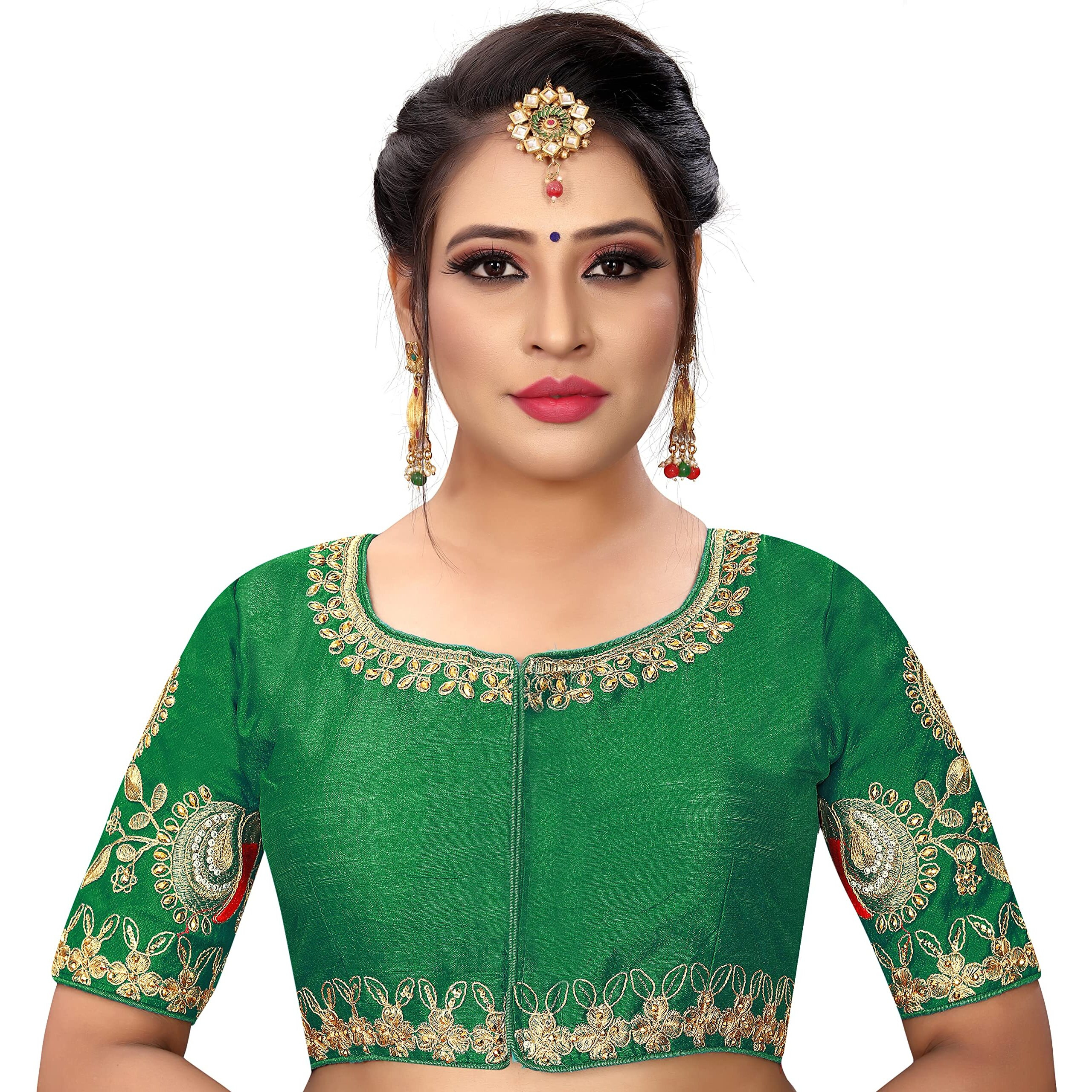 Pujia Mils Women's Silk Floral Sleeveless Regular Blouse (Dumbo Green 36)