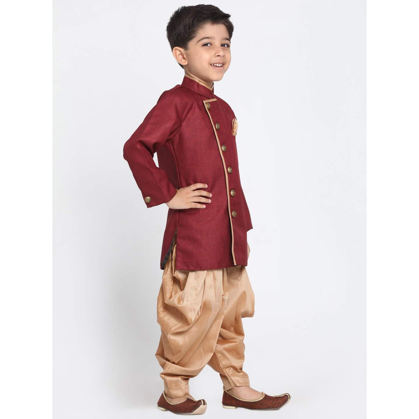 Jbn Creation Boys' Maroon And Rose Gold Cotton Blend Sherwani And Dhoti Pant Set_Jbnbciw124Mancdrg_32