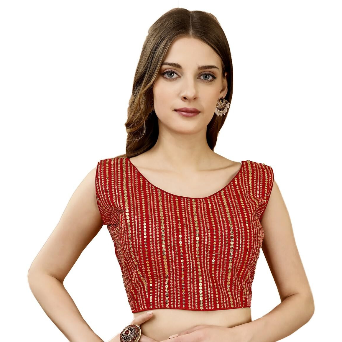 Pujia Mills Women's Sequin Embroidered U Neck Sleeveless Readymade Saree Blouse Indian Ethnic Designer Stitched Women's Red Blouse For Women