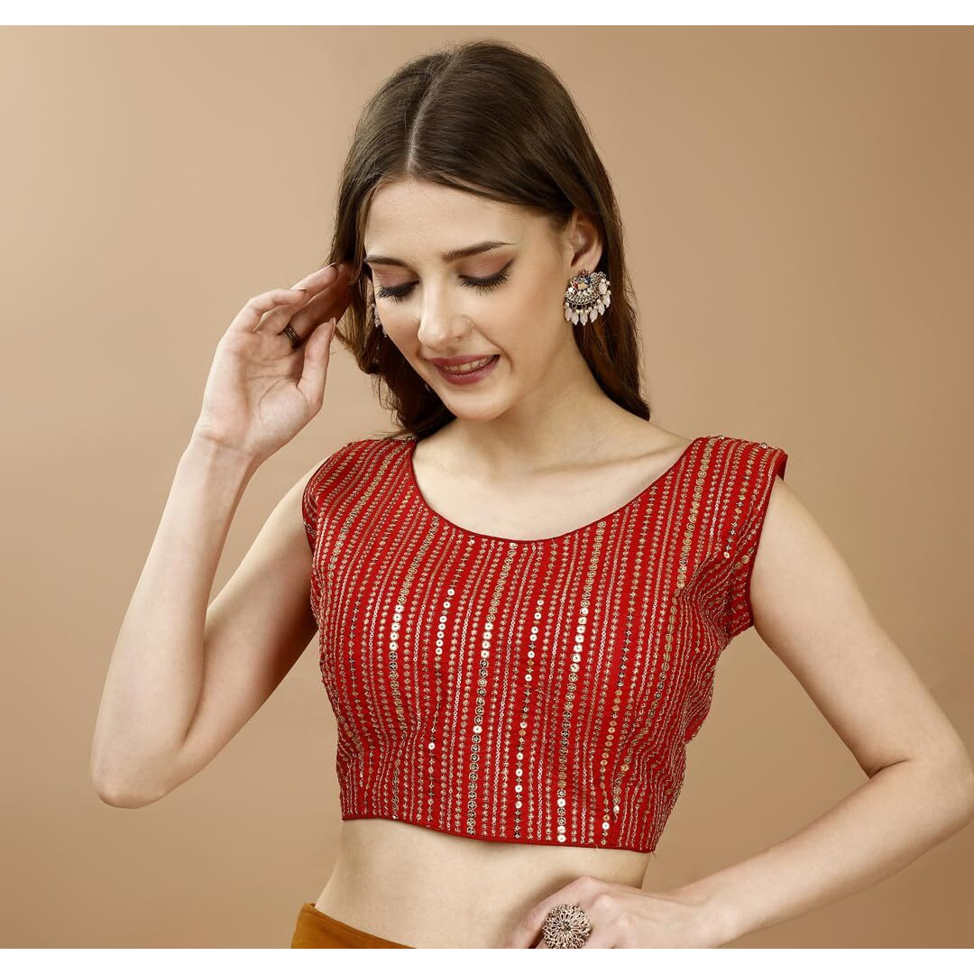 Pujia Mills Women's Sequin Embroidered U Neck Sleeveless Readymade Saree Blouse Indian Ethnic Designer Stitched Women's Red Blouse For Women