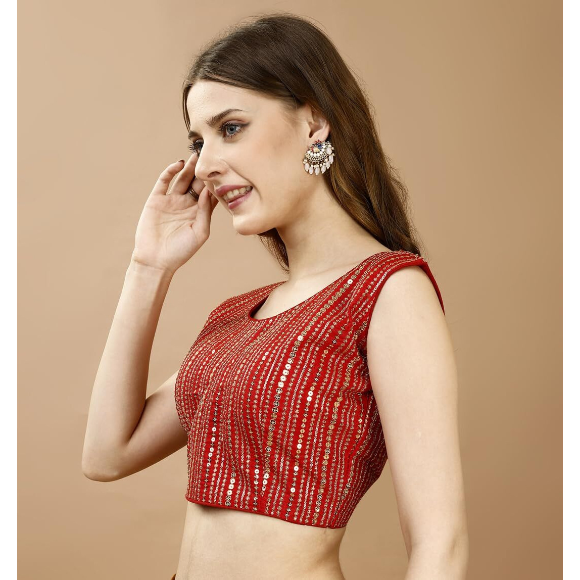 Pujia Mills Women's Sequin Embroidered U Neck Sleeveless Readymade Saree Blouse Indian Ethnic Designer Stitched Women's Red Blouse For Women