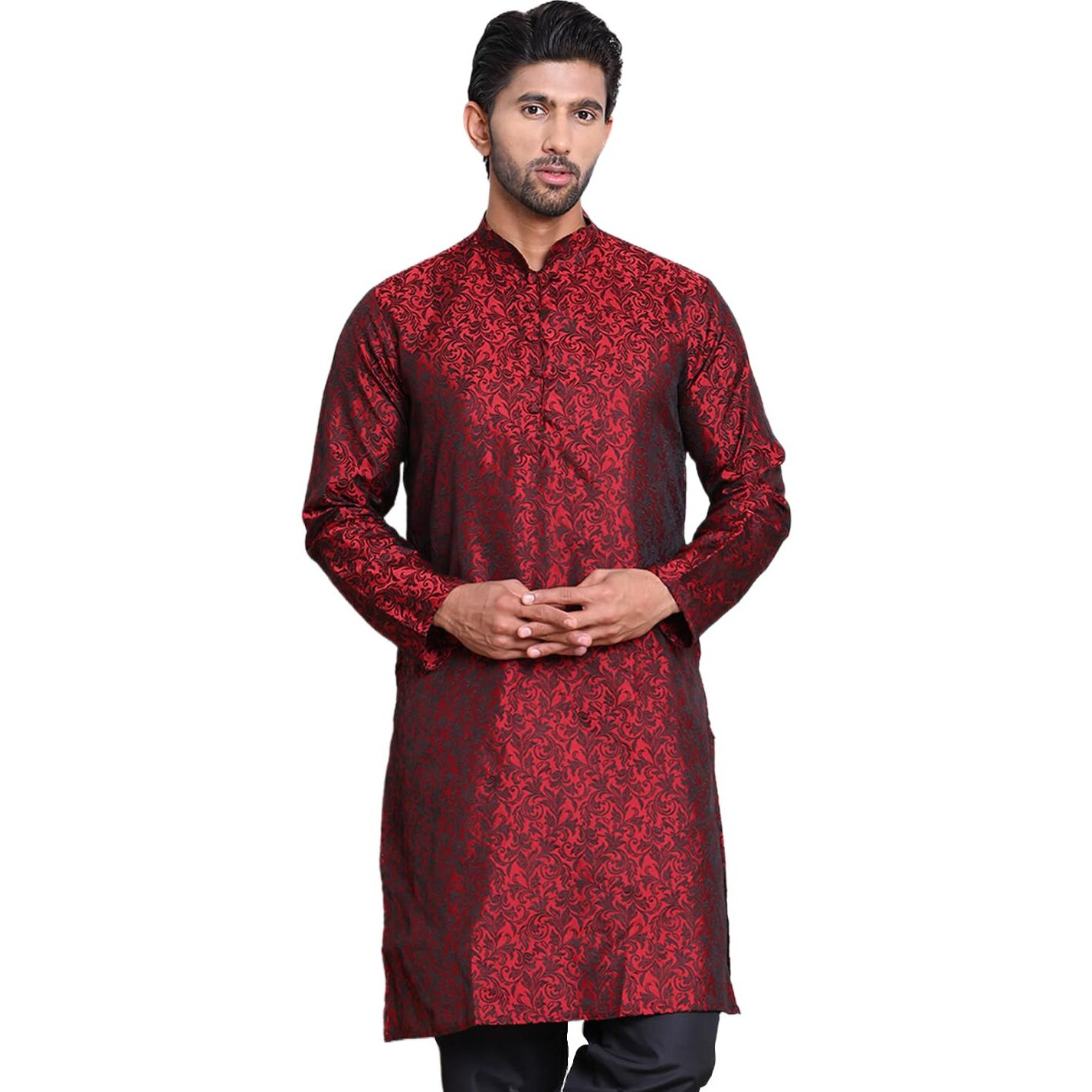 Jompers Men's Jacquard Silk Kurta(Maroon, Xx-Large)