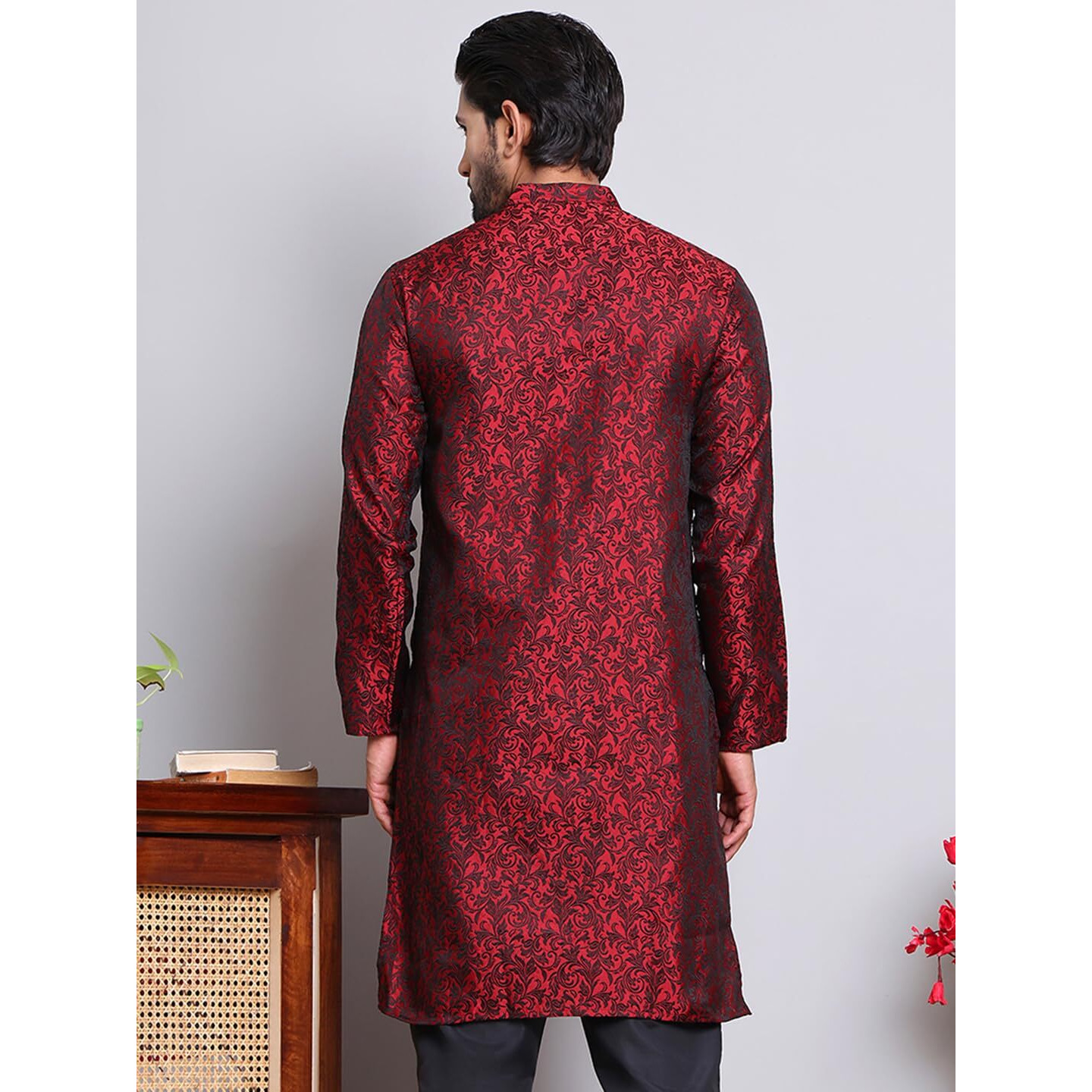 Jompers Men's Jacquard Silk Kurta(Maroon, Xx-Large)